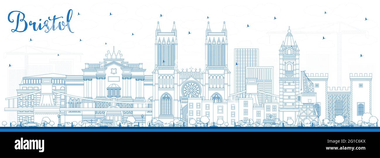 Umreißen Sie die Skyline von Bristol UK mit blauen Gebäuden. Vektorgrafik. Bristol England Stadtbild mit Wahrzeichen. Geschäftsreisen und Tourismus. Stock Vektor
