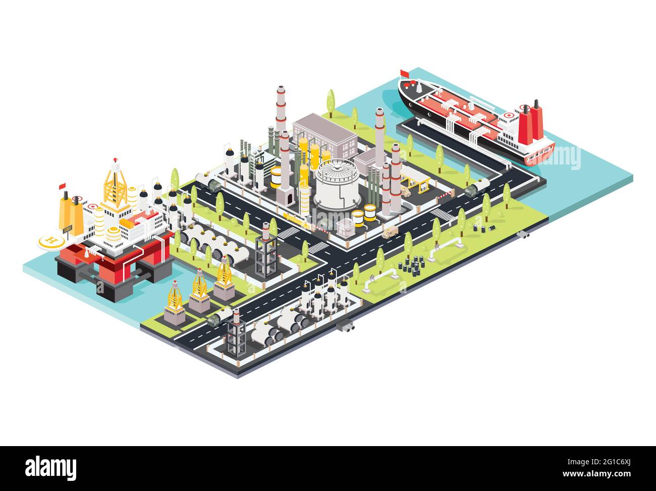 Raffineriewerk. Isometrischer Öltank. Offshore-Ölförderanlage Maritimer Hafen mit Öltanker, der an einem Silo-Terminal für Öllager vertäut ist. Oil Petroleum Industr Stock Vektor