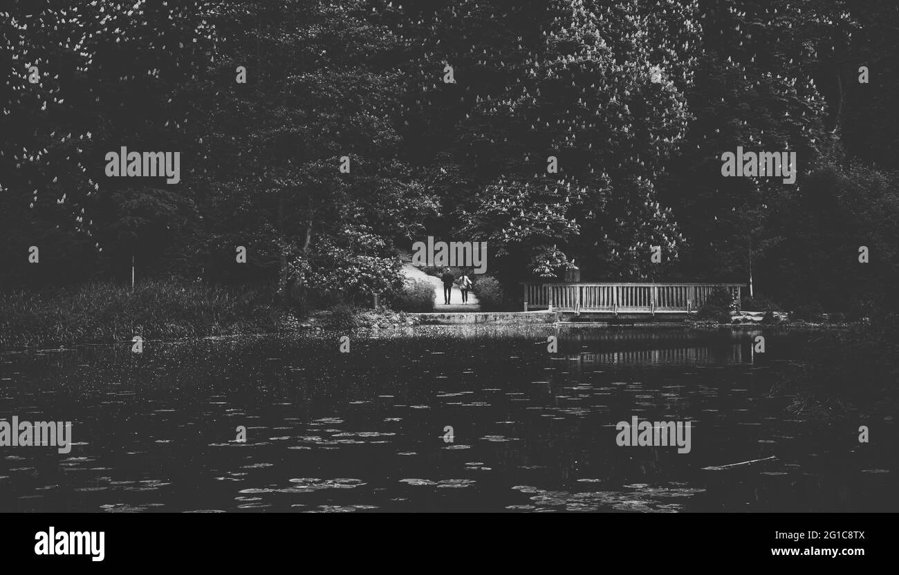 Düsterer Bike- und Skatepark auf Schloss Borbeck in einem menschenleeren, surrealen Park. Horror-Panorama-Poster, optisch atemberaubend im Ruhrport. Stockfoto