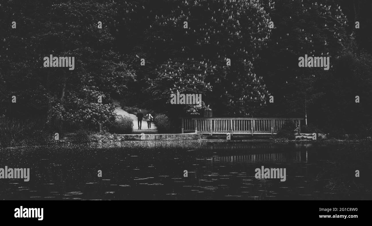 Düsterer Bike- und Skatepark auf Schloss Borbeck in einem menschenleeren, surrealen Park. Horror-Panorama-Poster, optisch atemberaubend im Ruhrport. Stockfoto