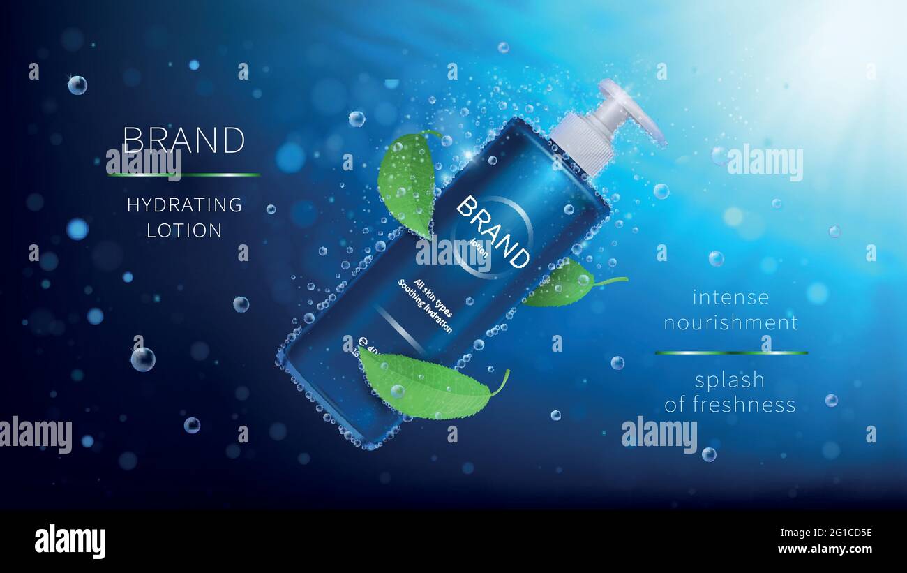 Natürliche Minze Vektor kosmetische realistische Anzeigen Poster. Flasche mit Lotion und grünen Blättern auf blauem Unterwasser-Hintergrund mit Luftblasen und Strahlen. Mock up für Magazin oder Katalog mit Bio-Kosmetik Stock Vektor
