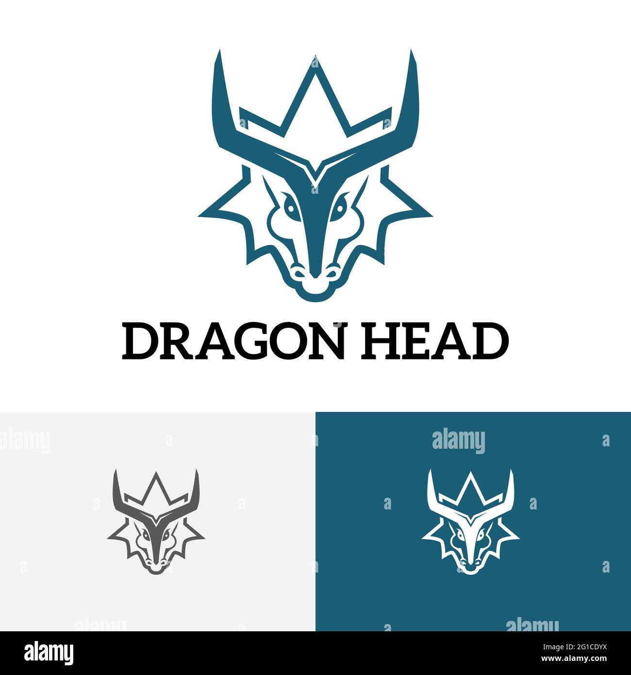 Gehörnte Drachen Kopf Spiel Starke Logo-Symbol Stockfoto