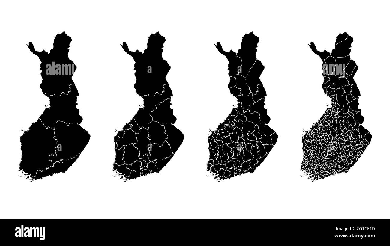 Finnland Karte Gemeinde, Region, Staat Division. Administrative Ränder, Umriss schwarz auf weißem Hintergrund Vektorgrafik. Stock Vektor