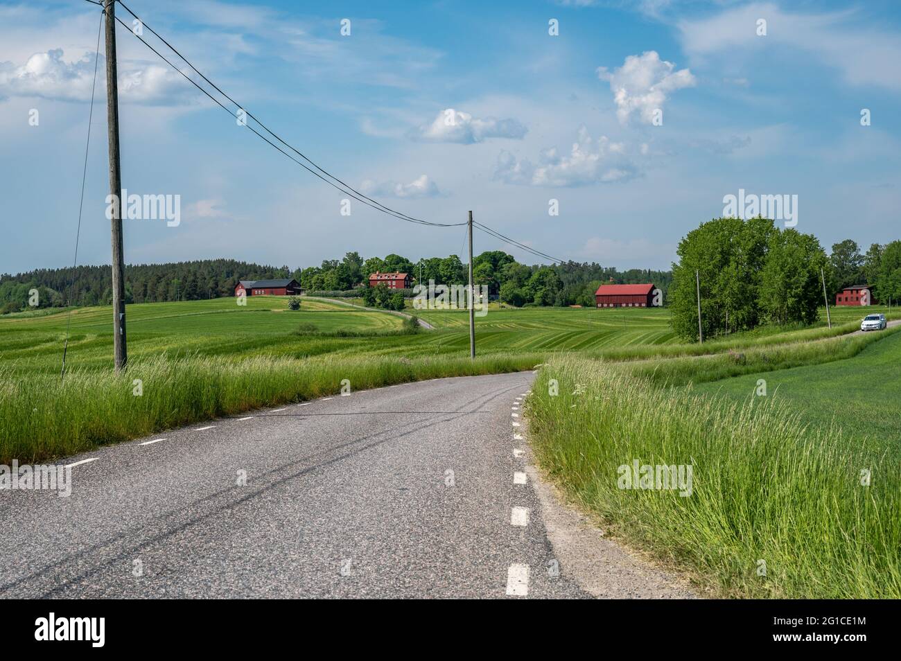 Kurvenreiche Landstraße an einem sonnigen Sommertag in der Landschaft von Södermanland Schweden Stockfoto