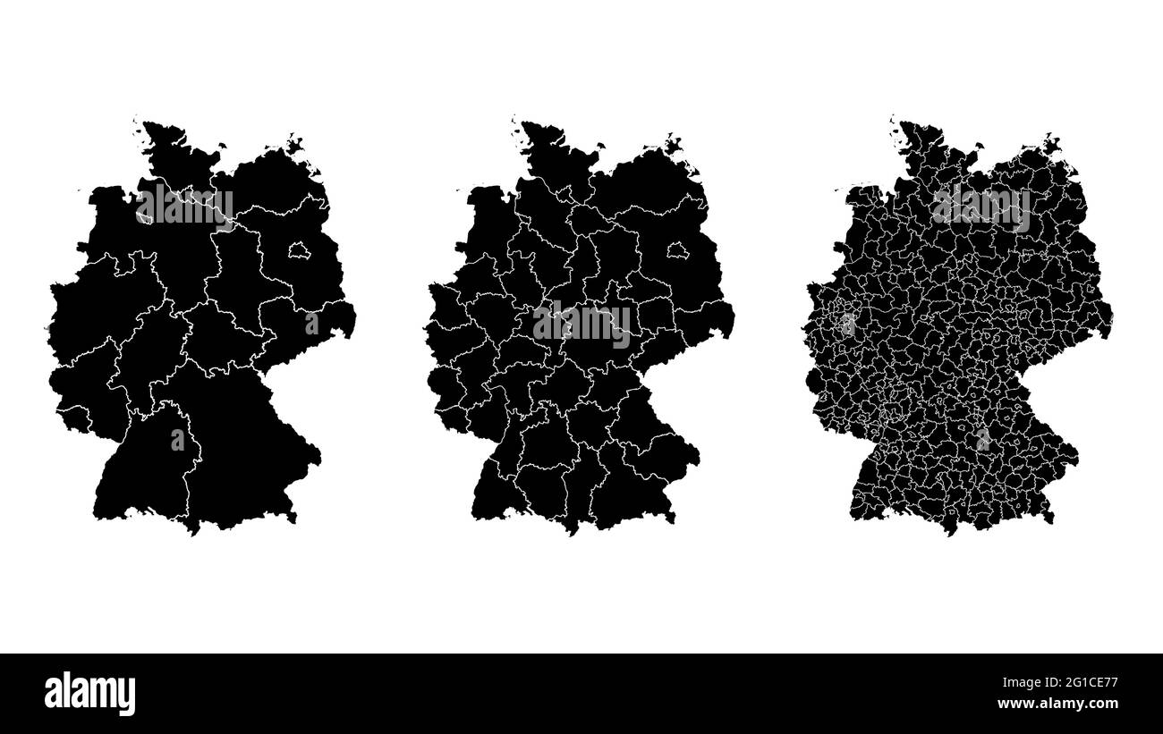 Deutschland Karte Gemeinde, Region, Bundesland. Administrative Ränder, Umriss schwarz auf weißem Hintergrund Vektorgrafik. Stock Vektor