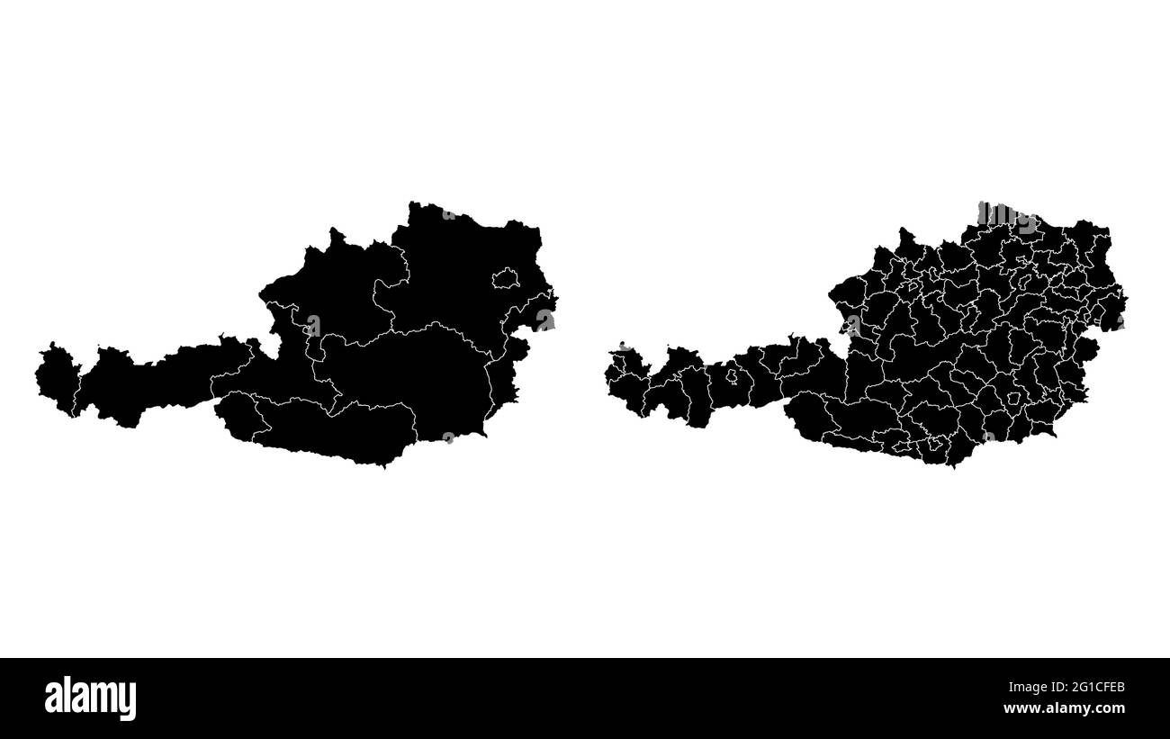 Österreich Karte Gemeinde, Region, Bundesland Teilung. Administrative Ränder, Umriss schwarz auf weißem Hintergrund Vektorgrafik. Stock Vektor