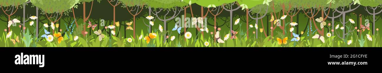 Wiese mit Wildblumen und Schmetterlingen. Wald. Nahtlose Illustration. Nahaufnahme des Grases. Grüne Landschaft. Sommerhimmel. Cartoon-Stil. Flaches Design Stock Vektor