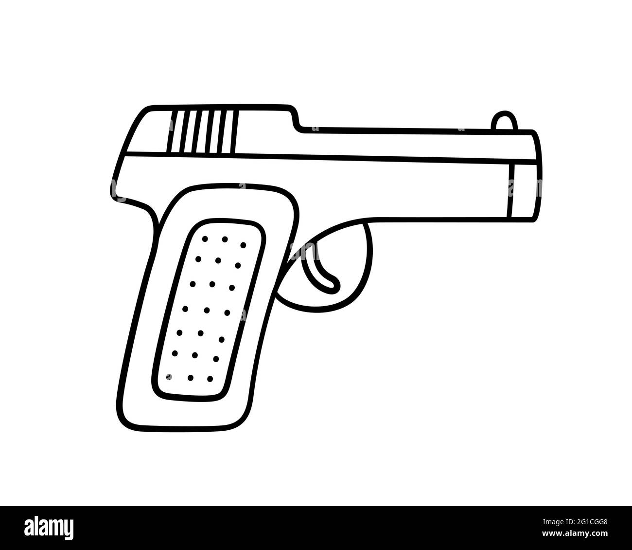 Handgezeichnete Pistole. Kinder Zeichnung der Kampfpistole. Vektorgrafik im Doodle-Stil auf weißem Hintergrund Stock Vektor