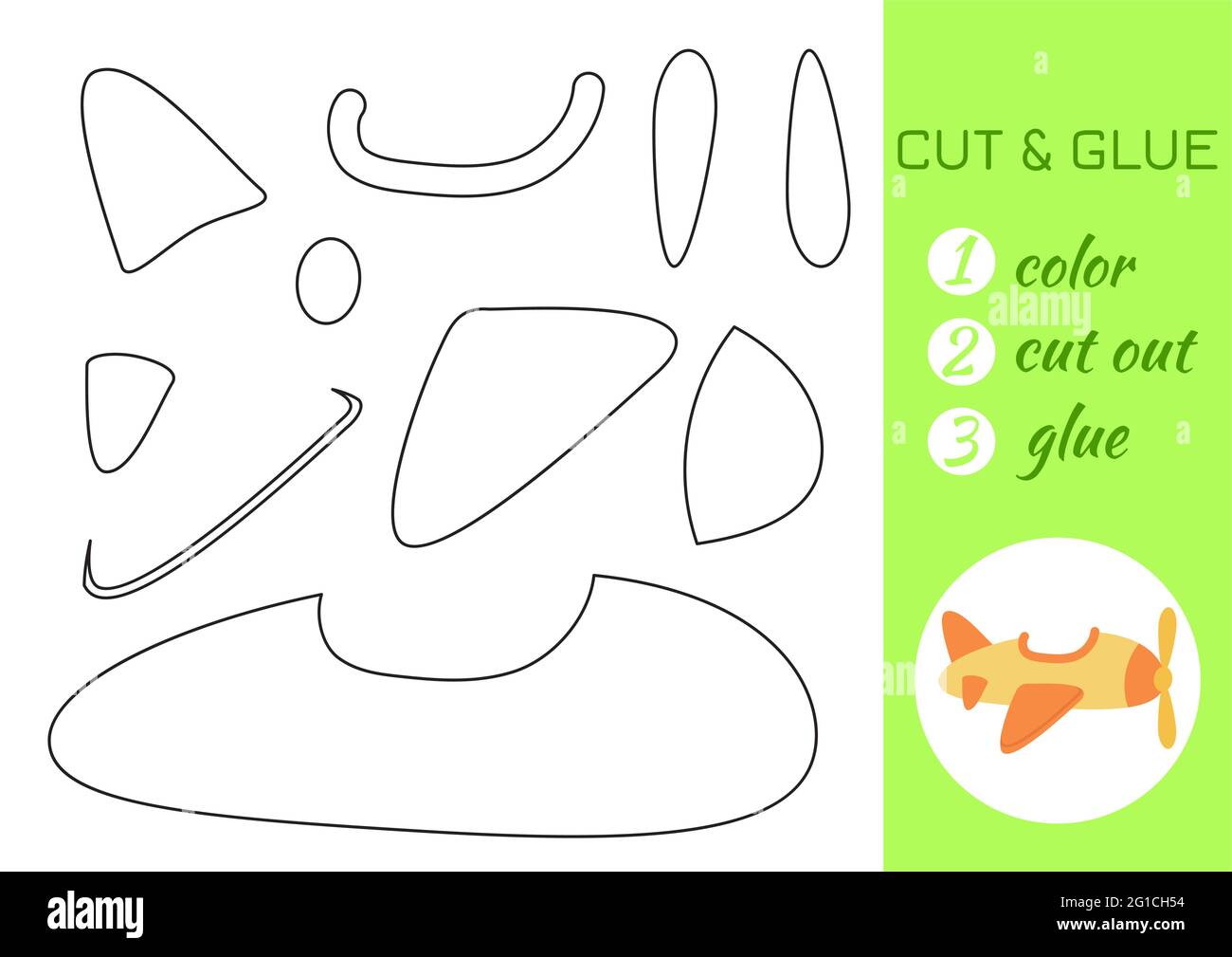Farbe, schneiden und kleben Papier gelb Flugzeug. Seite „Craft Activity“ ausschneiden und einfügen. Pädagogisches Spiel für Kinder im Vorschulalter. DIY-Arbeitsblatt. Logikspiel für Kinder, Stock Vektor