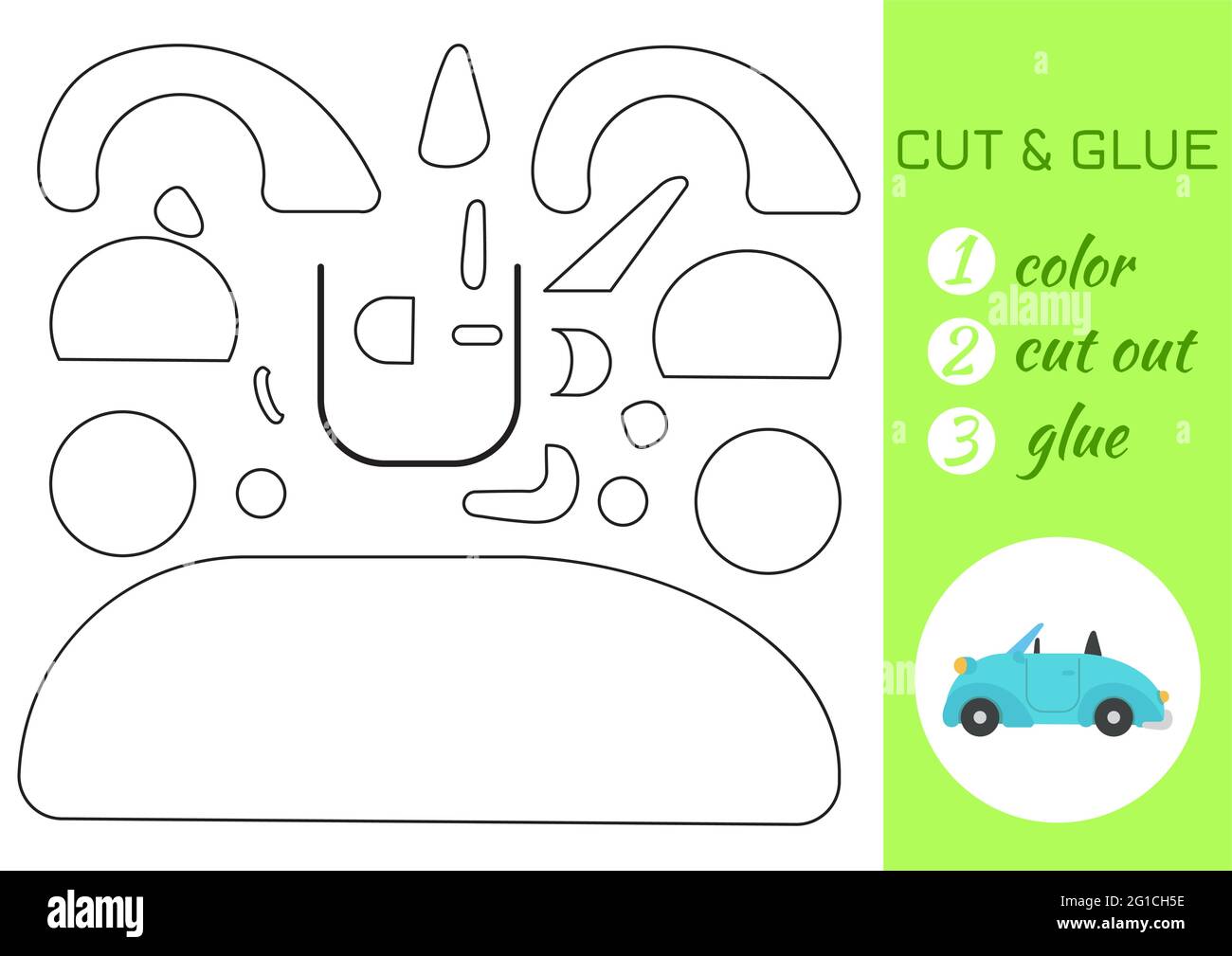 Farbe, Schnitt und Klebstoff Papier türkis Auto. Seite „Craft Activity“ ausschneiden und einfügen. Pädagogisches Spiel für Kinder im Vorschulalter. DIY-Arbeitsblatt. Kids Logik Spiel, ein Stock Vektor