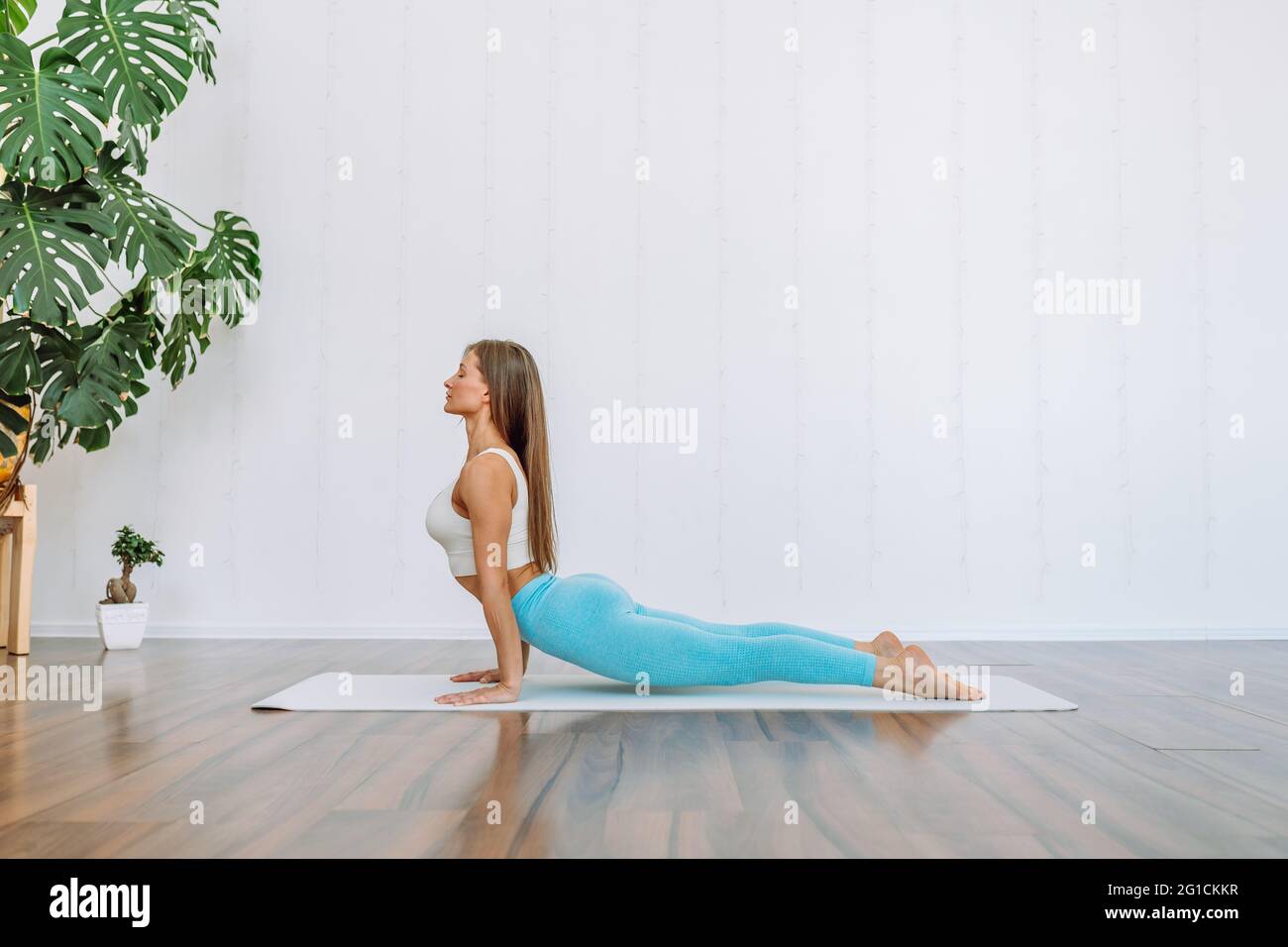 Junge Frauen machen im hellen Raum komplexe Dehnübungen für Yoga auf dem Boden. Positiv, Meditation, Konzentrat. Urdhva Mukha Svanasana - Nach Oben Gerichtet Stockfoto