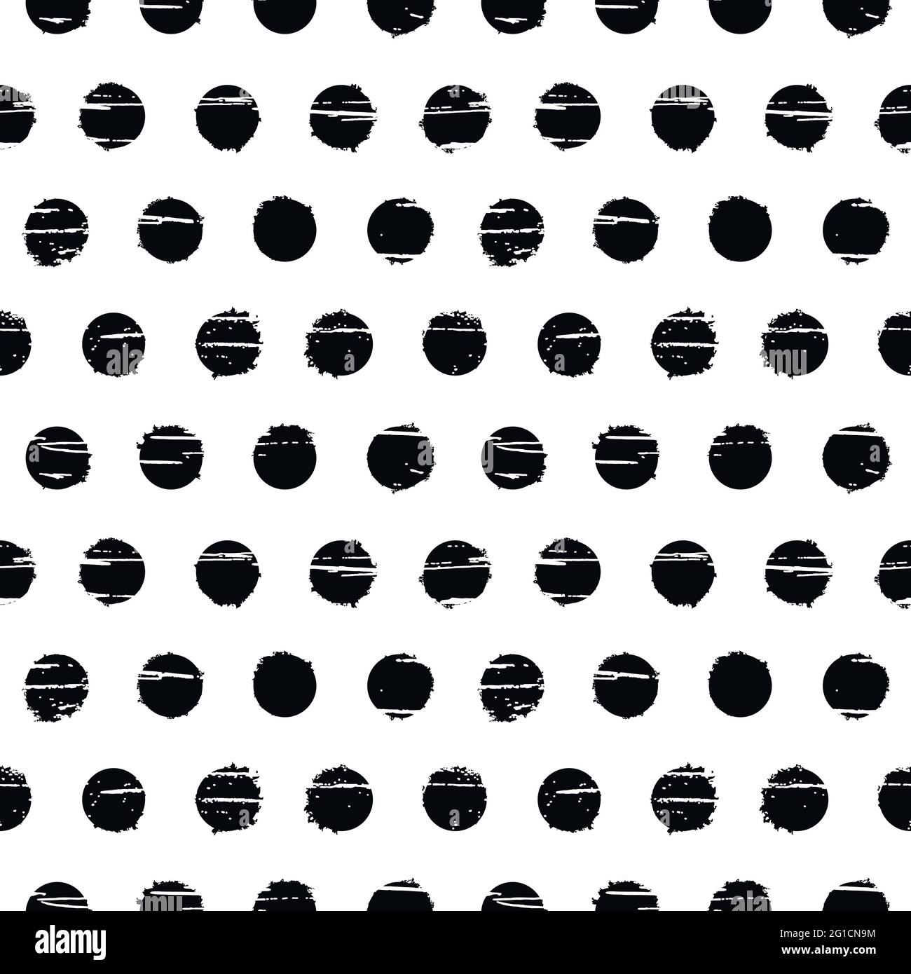 Nahtloses Muster mit Punktmuster. Schwarze Kreise mit Grunge-Textur auf weißem Hintergrund. Vektordesign. Stock Vektor