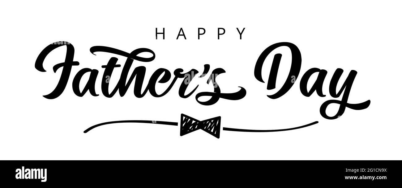 Happy Fathers Day mit Kritzelbogen Kalligraphie Banner. Vatertag Vektor Gruß Illustration mit Form handgezeichnete Fliege und elegante Skizze Linie Stock Vektor