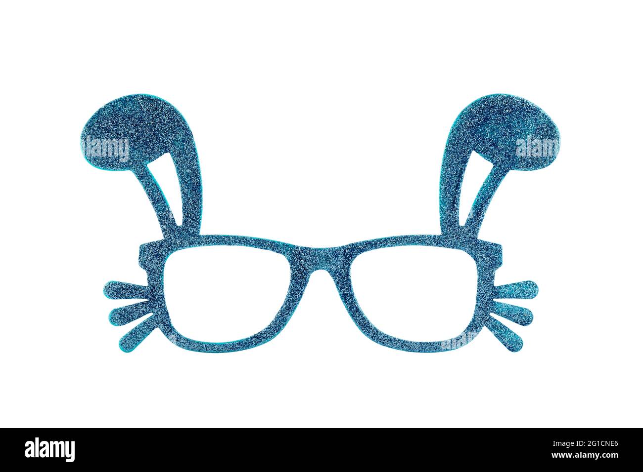 Lustige blau glitzernde Deko-Gläser mit Hasenohren isoliert auf weiß mit Clipping-Pfad Stockfoto