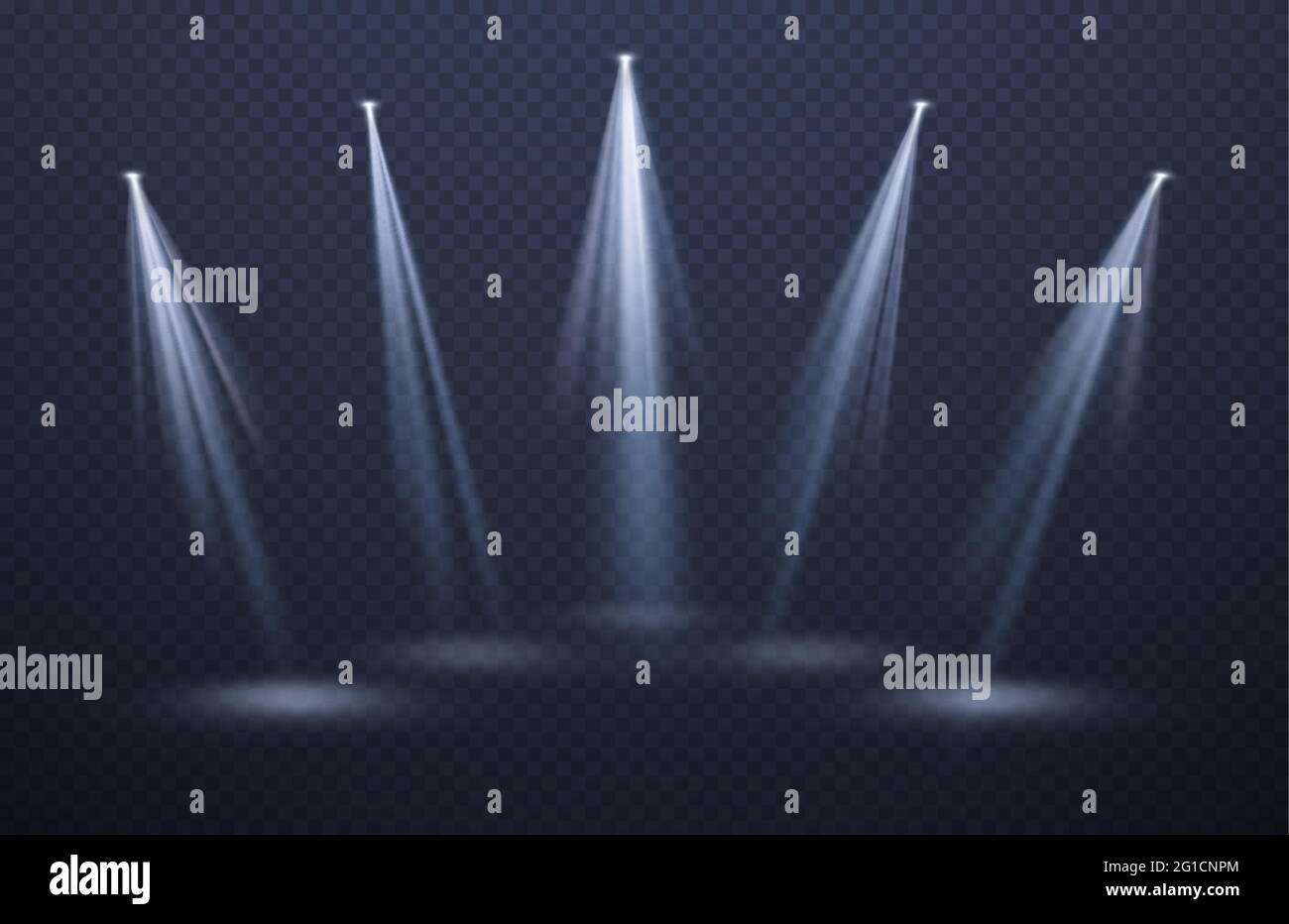 Scheinwerfer Lichtstrahlen isoliert auf schwarzem Hintergrund. Festlicher Hintergrund für Nachtshow, Party, Präsentation. Vektorgrafik Stock Vektor