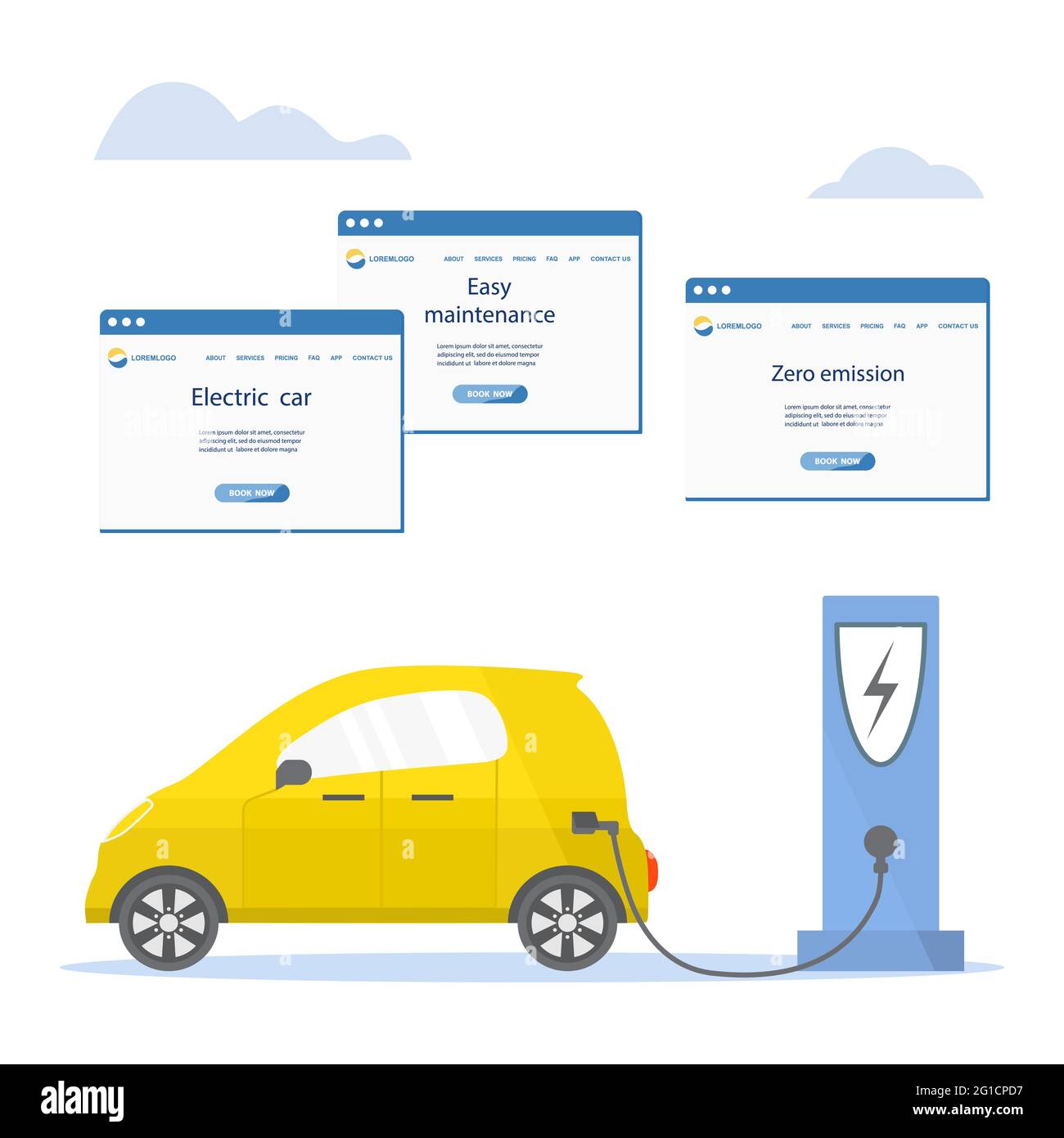 Vektor-Illustration Elektroauto. Grüne Energie. Neue Umwelttechnologien für den Verkehr. UMWELTFREUNDLICH. Ökologie. Umweltschutz. Emissionsfrei. Einfach m Stock Vektor