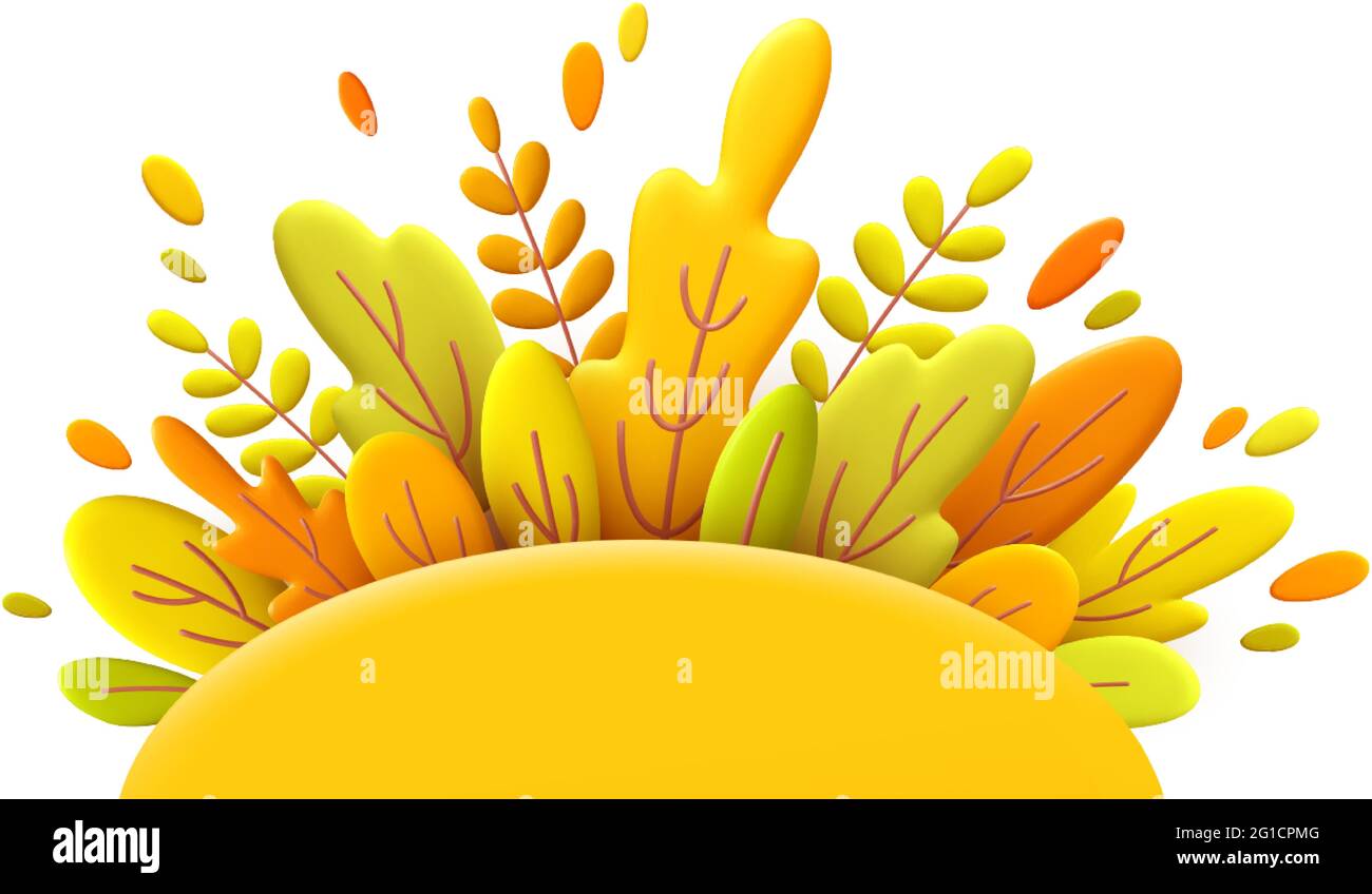 Hello Autumn 3d minimaler Hintergrund mit herbstgelben, orangen Blättern. der 3d-Herbst hinterlässt den Hintergrund für die Gestaltung von Herbstbannern und Plakaten Stock Vektor