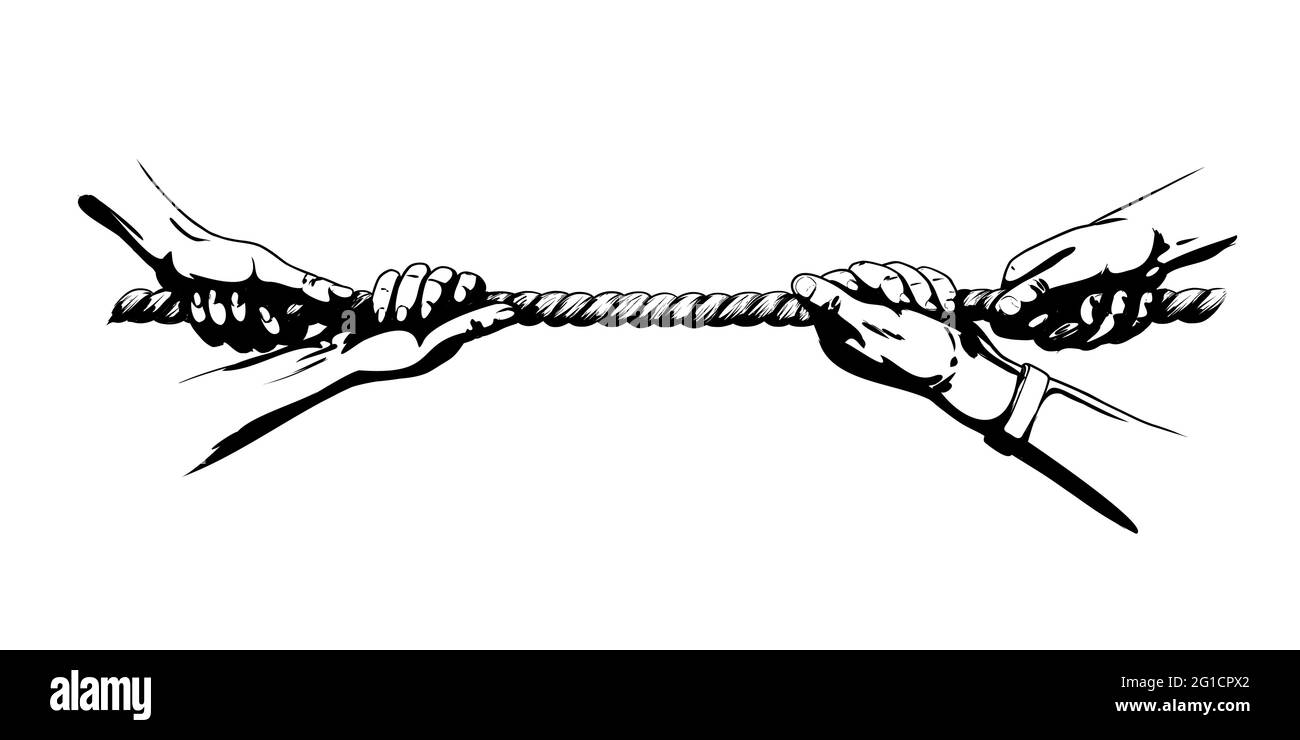 Tauziehen Krieg Wettbewerb mit Seil. Hände ziehen am Seil. Von Hand  gezeichnete Vektorgrafik mit schattendem Bild auf weißem Hintergrund  Stock-Vektorgrafik - Alamy