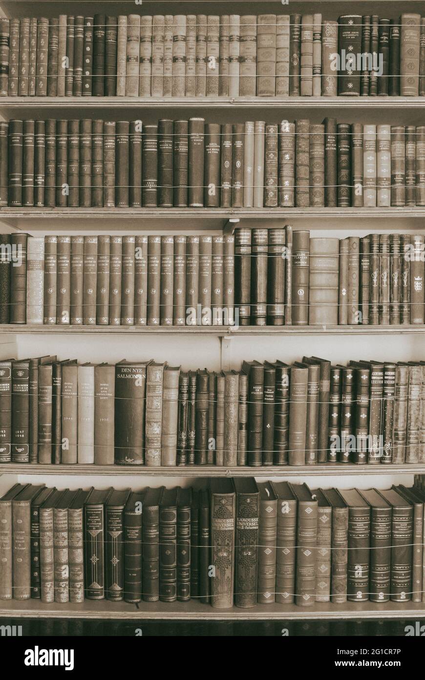 Alte Bücher auf hölzernen Bücherregalen, die Bibliothek Wrest Park, Silsoe, Bedfordshire, Großbritannien Stockfoto