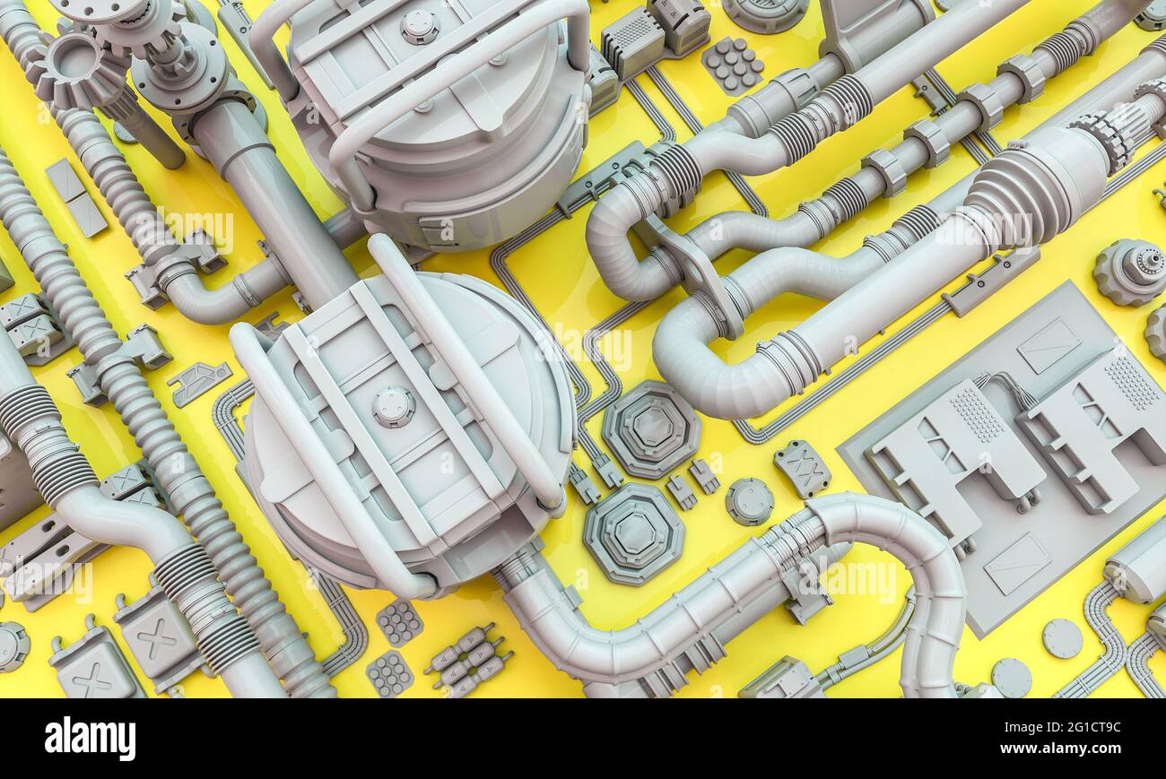 Gelber und grauer Hintergrund mit Pfeifen und elektrischen Teilen, Sci-Fi-Thema. 3d-Rendering. Stockfoto