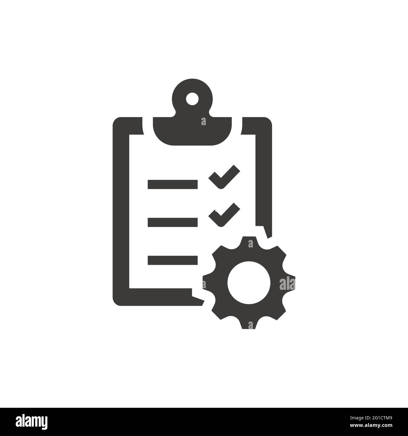 Zwischenablage-Checkliste mit Zahnrad-Symbol. Symbol für die Dokumentenverarbeitung. Stock Vektor