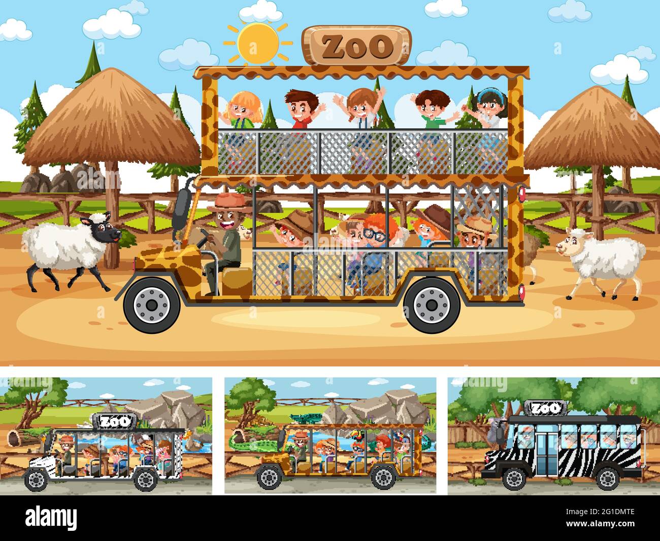 Verschiedene Safari-Szenen mit Tieren und Kinder Cartoon Figur Illustration Stock Vektor