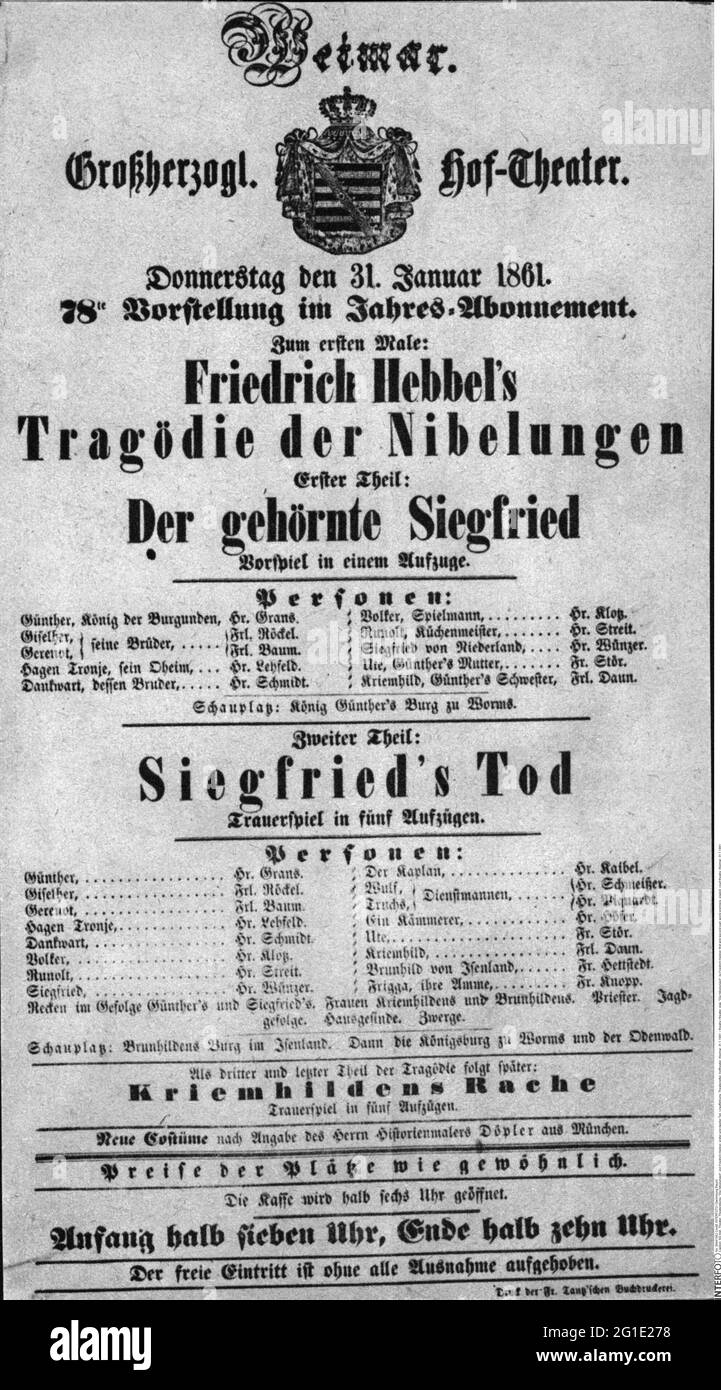 Theater / Theater, Theaterstück, 'die Nibelungen', von Friedrich Hebbel, erster und zweiter Teil, Uraufführung, ZUSÄTZLICHE-RIGHTS-CLEARANCE-INFO-NOT-AVAILABLE Stockfoto