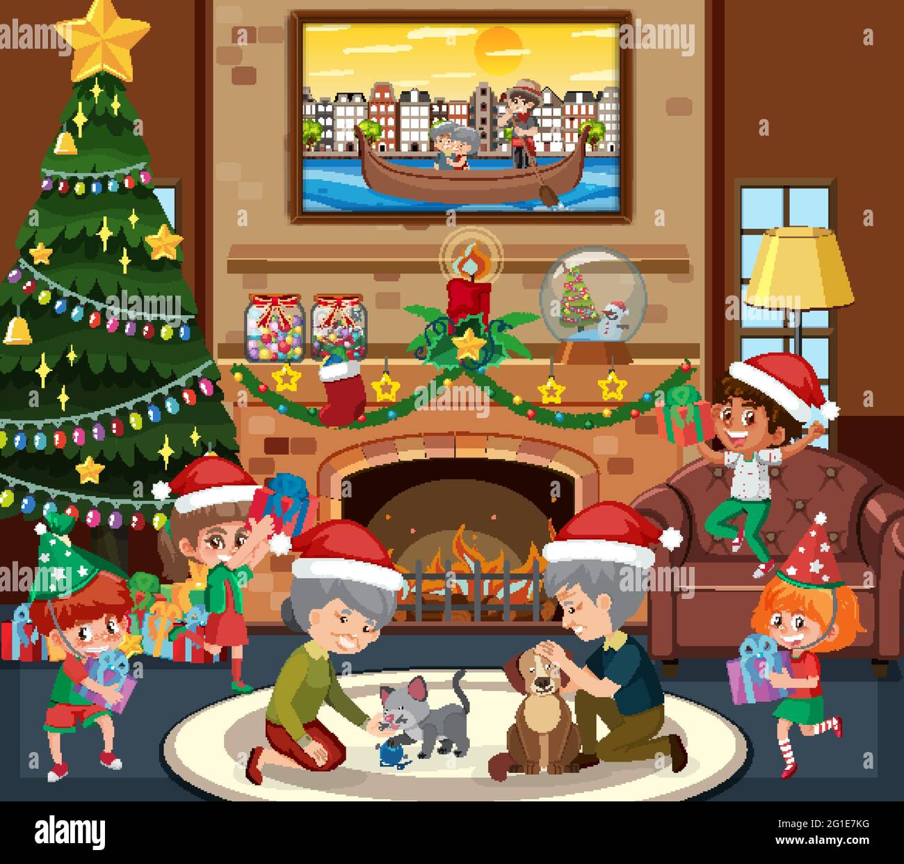 Glückliche Familie in Weihnachten Thema in der Wohnzimmer Szene Illustration Stock Vektor