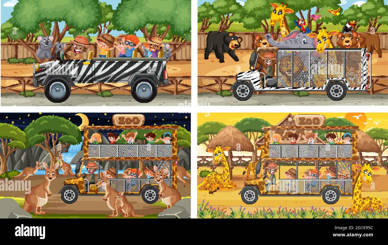 Set von verschiedenen Tieren in Safari-Szenen mit Kindern Illustration Stock Vektor