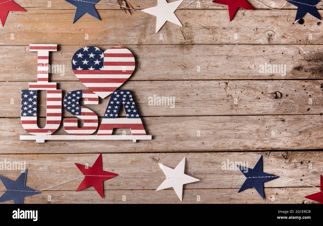 Ich liebe die USA und Sterne Ornament auf Holztisch Stockfoto