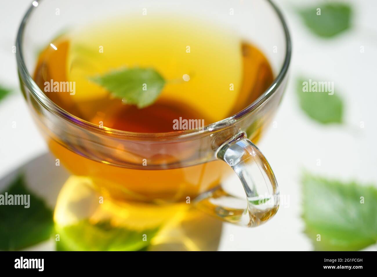 Tee in einer Glasschale mit einem Birkenblatt. Grüne Blätter auf einem weißen Tisch um einen Becher mit einem Getränk. Stockfoto