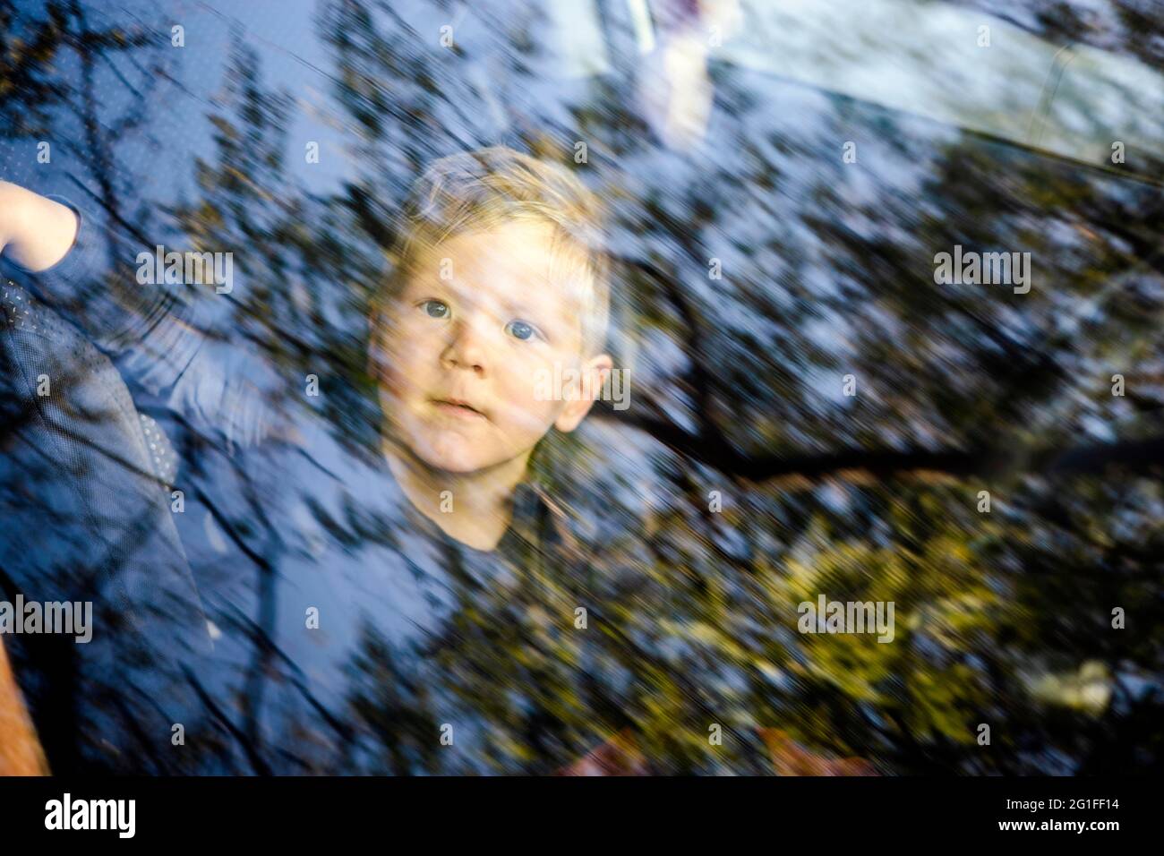 Verträumtes Porträt eines kleinen Jungen, fotografiert durch das Fenster mit Baumreflexion Stockfoto