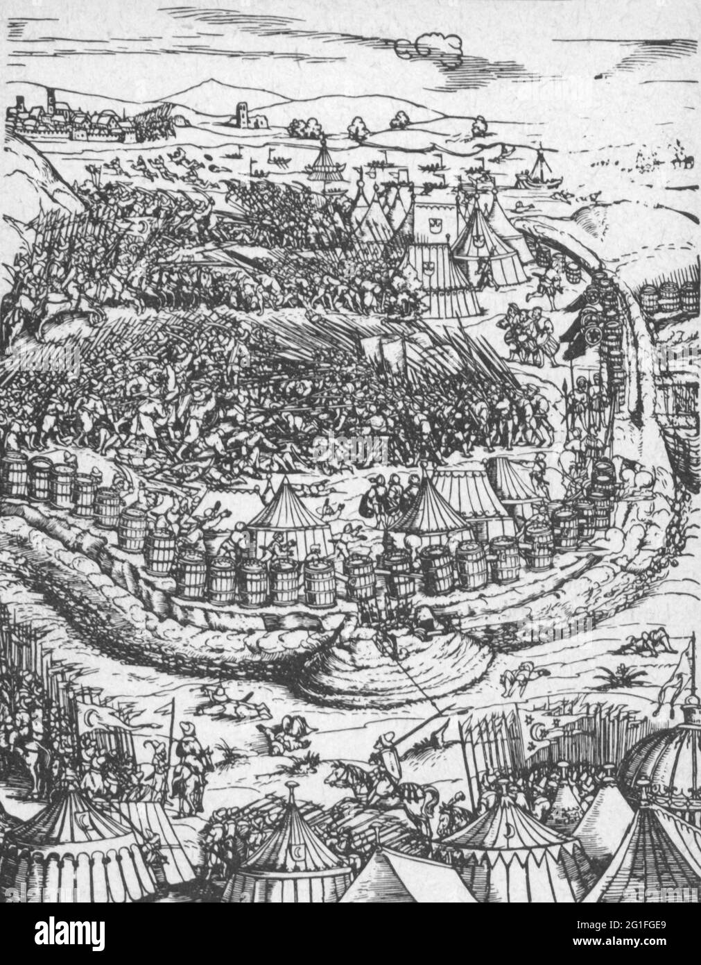 Erster österreichischer Türkenkrieg 1526 - 1555, Belagerung von Ofen, 1541, Angriff auf das Lager der kaiserlichen Truppen, DAS KÜNSTLERSCHUTZRECHT MUSS NICHT GELÖSCHT WERDEN Stockfoto