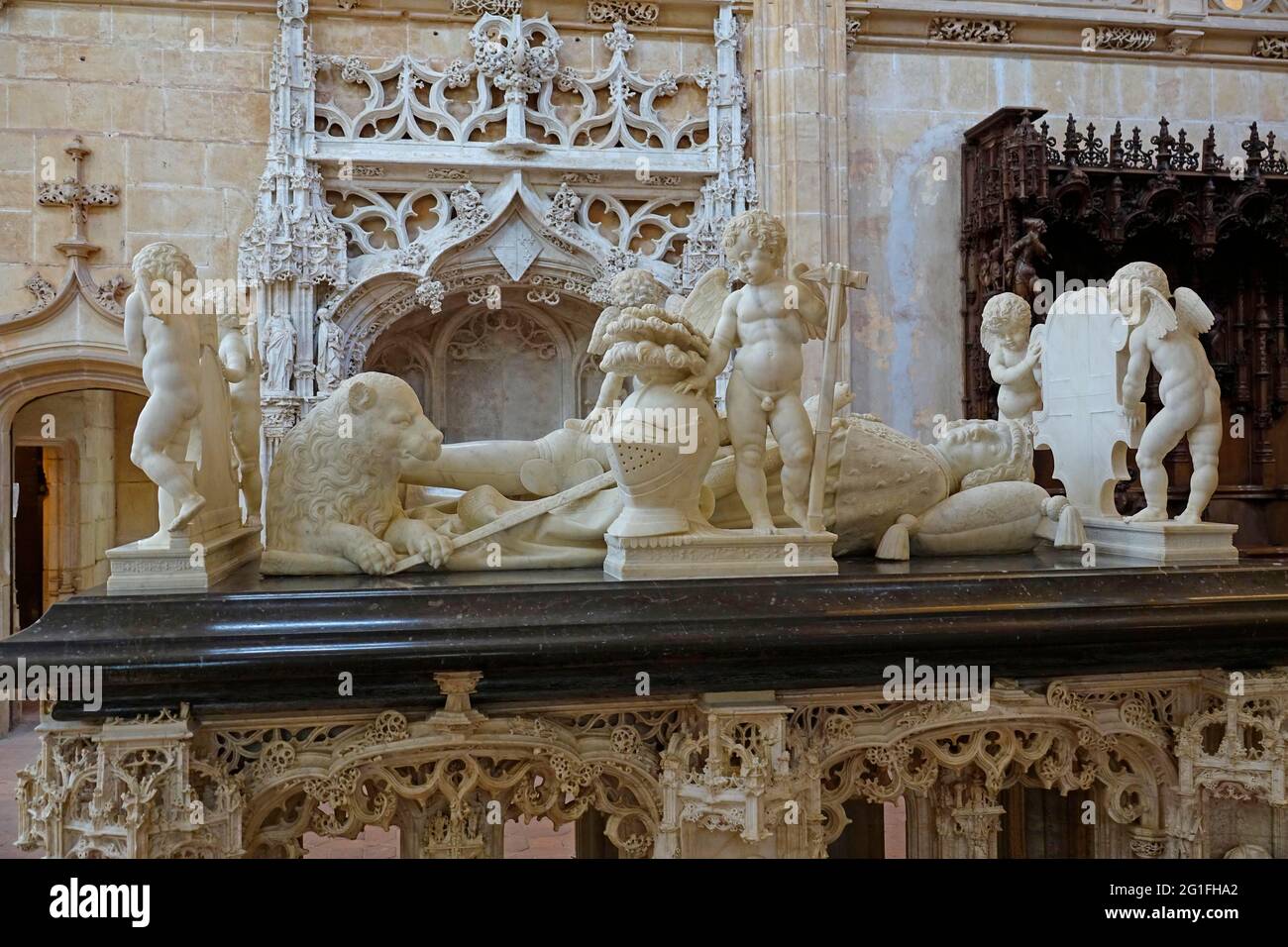 Grab von Philibert le Beau, ehemaliges Kloster Brou, Monastere Royal de Brou des Augustiner-Ordens im spätgotischen Stil, Abtei als Begräbnisstätte für Stockfoto