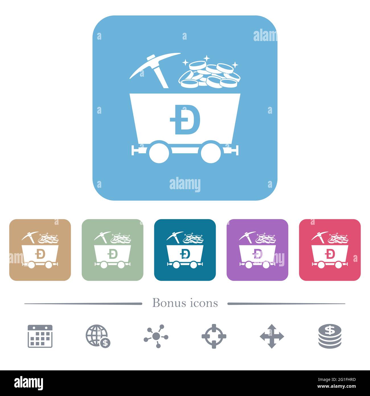 Dogecoin Kryptowährung Mining mit weißen flachen Symbolen auf farbigen abgerundeten quadratischen Hintergründen. 6 Bonus-Symbole enthalten Stock Vektor