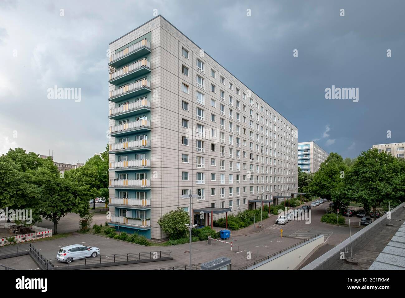 Denkmalgeschützter Wohnbau Typ QP 64, östliche Karl-Marx-Allee in der Nähe des Alexanderplatzes, Architekten Felz, Kuschy, Stallknecht, Berlin-Mitte, Berlin Stockfoto