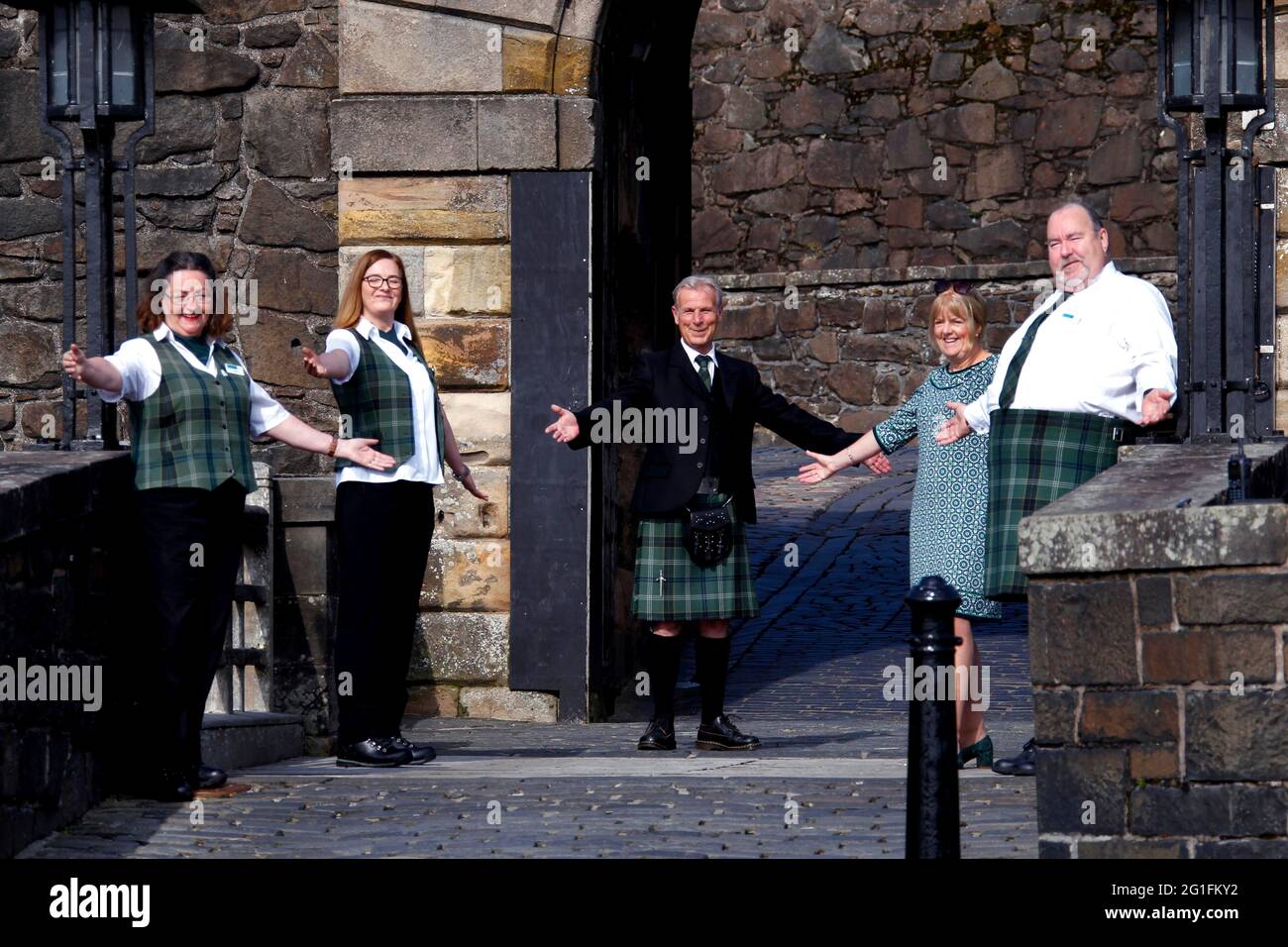 Eingangstor, Staff Stirling Castle, Empfang, Männer in Kilt, Kilt, Tartan, Stirling Castle, Castle, Castle Hill, Battle of Bannockburn, Stirling Stockfoto