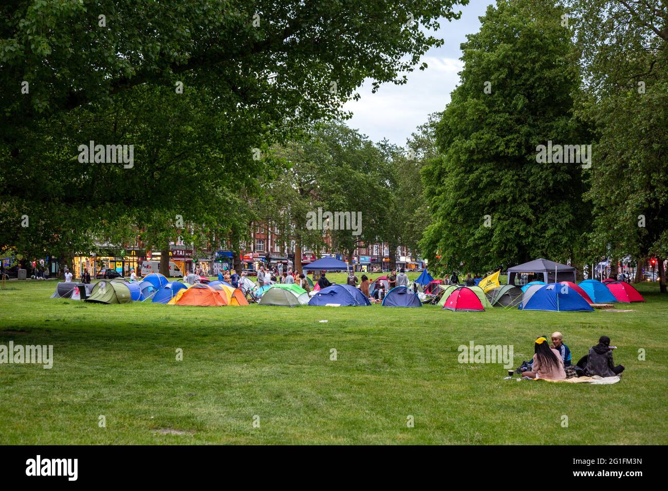 Freiheitsprotestantierlager auf Shepherd's Bush Green, London, Großbritannien. Juni 2021 Stockfoto