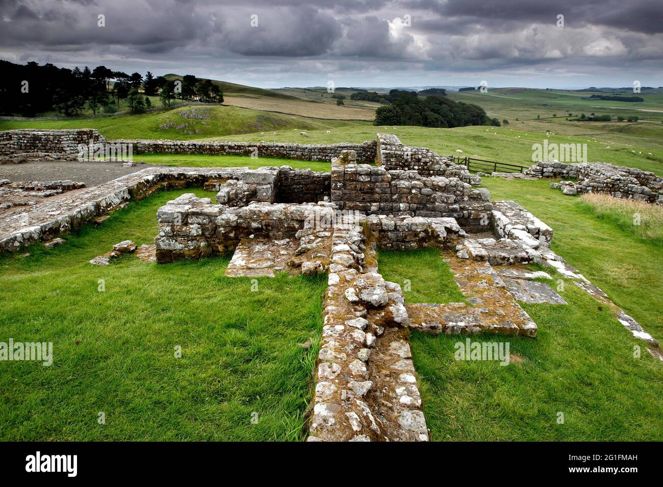 Hadrianmauer, Hadrianmauer, Römisches Grenzbefestigungssystem, Britannischer Limes, Befestigungskette, Festung, Ruine, fort, Housestead, Parish Stockfoto