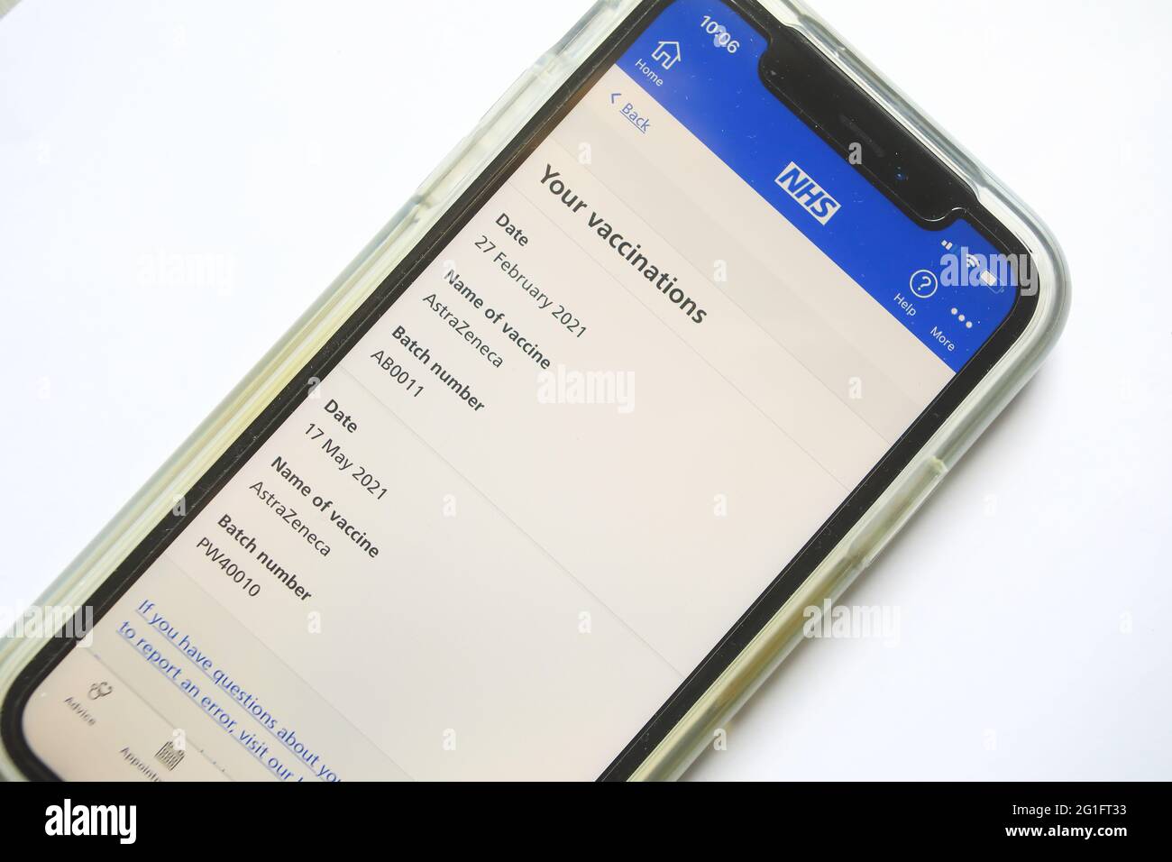 Covid-Impfprotokoll in der mobilen NHS-App, einer digitalen Aufzeichnung Ihres Impfstatus, Großbritannien Stockfoto