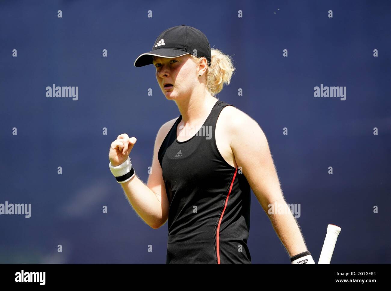 Die britische Anwärtin, die britische Sportanwärtin, hat am dritten Tag der Viking Open im Nottingham Tennis Center reagiert. Bilddatum: Montag, 7. Juni 2021. Stockfoto