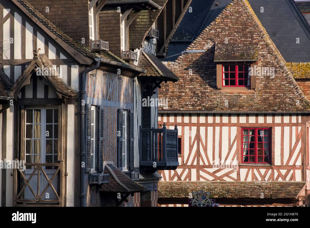 Pont l'Eveque (Normandie, Nordwestfrankreich): Fachwerkhaus in der Rue Vaucelles. Die Geschichte von Gustave Flauberts Novelle EIN einfaches Herz Stockfoto