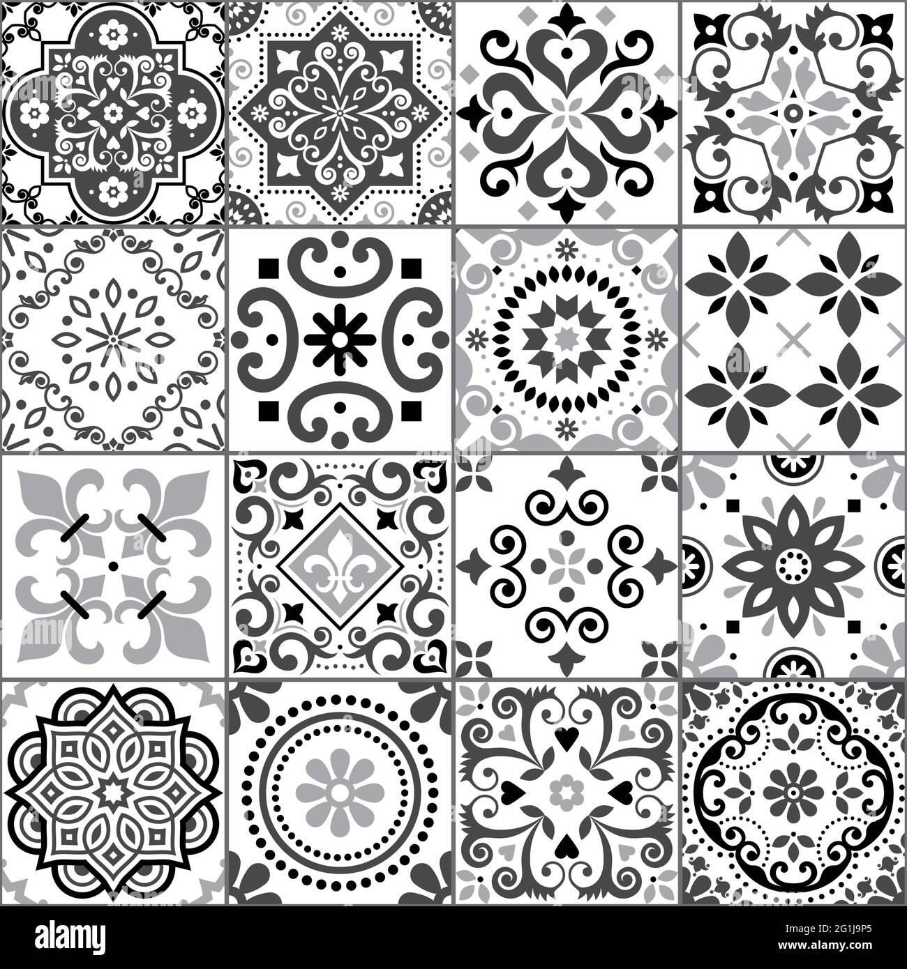Portugiesische und spanische Azulejo Fliesen nahtlose Vektor-Muster-Kollektion in grau auf weiß, traditionelles florales Design großes Set von Fliesenkunst inspiriert Stock Vektor