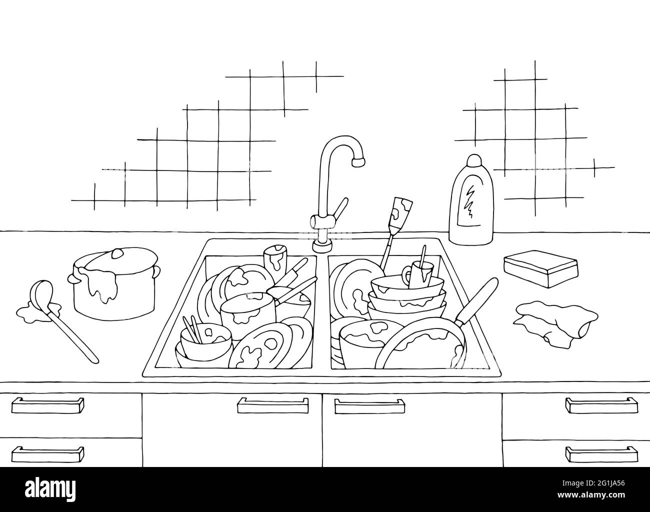 Schmutziges Geschirr im Waschbecken Küche Chaos Zimmer Grafik schwarz weiß Haus Innenraum Skizze Illustration Vektor Stock Vektor