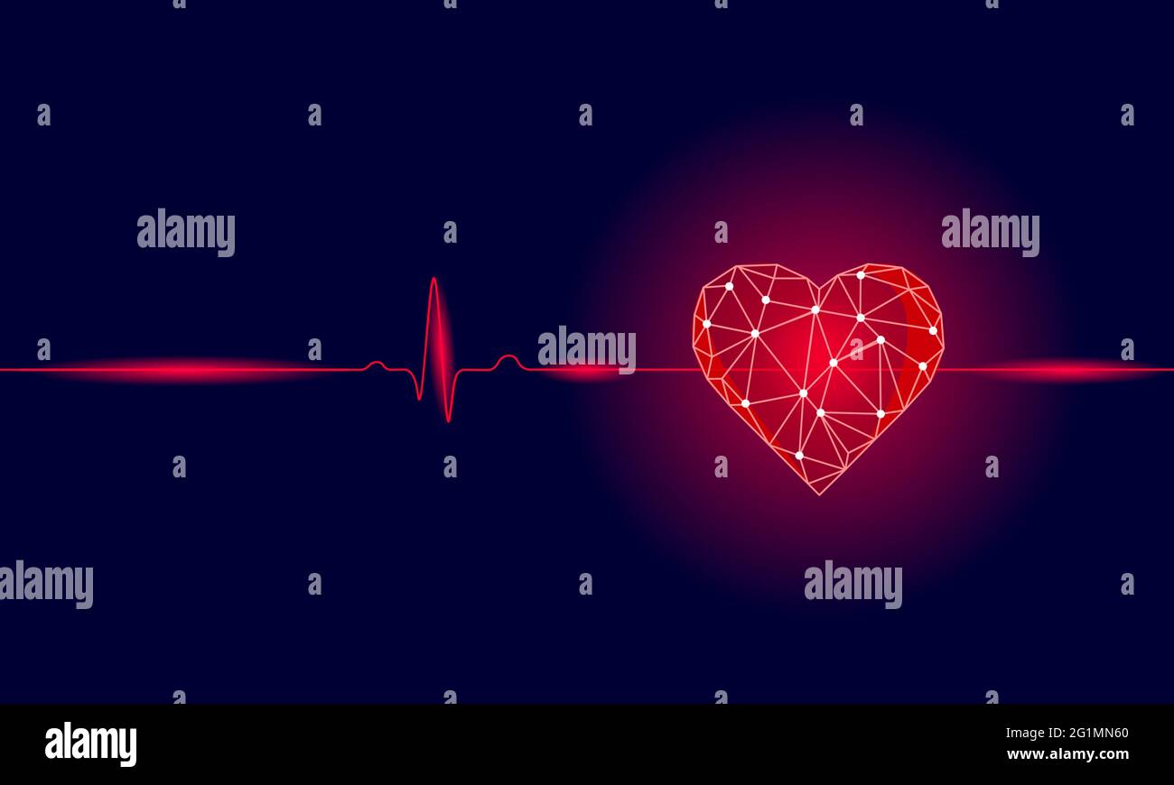 Gesunde menschliche Herz schlägt 3d Medizin Modell Low Poly. Dreieck verbunden Punkte leuchten Punkt roten Hintergrund. Pulse interne Stelle moderne anatomische Form Stock Vektor