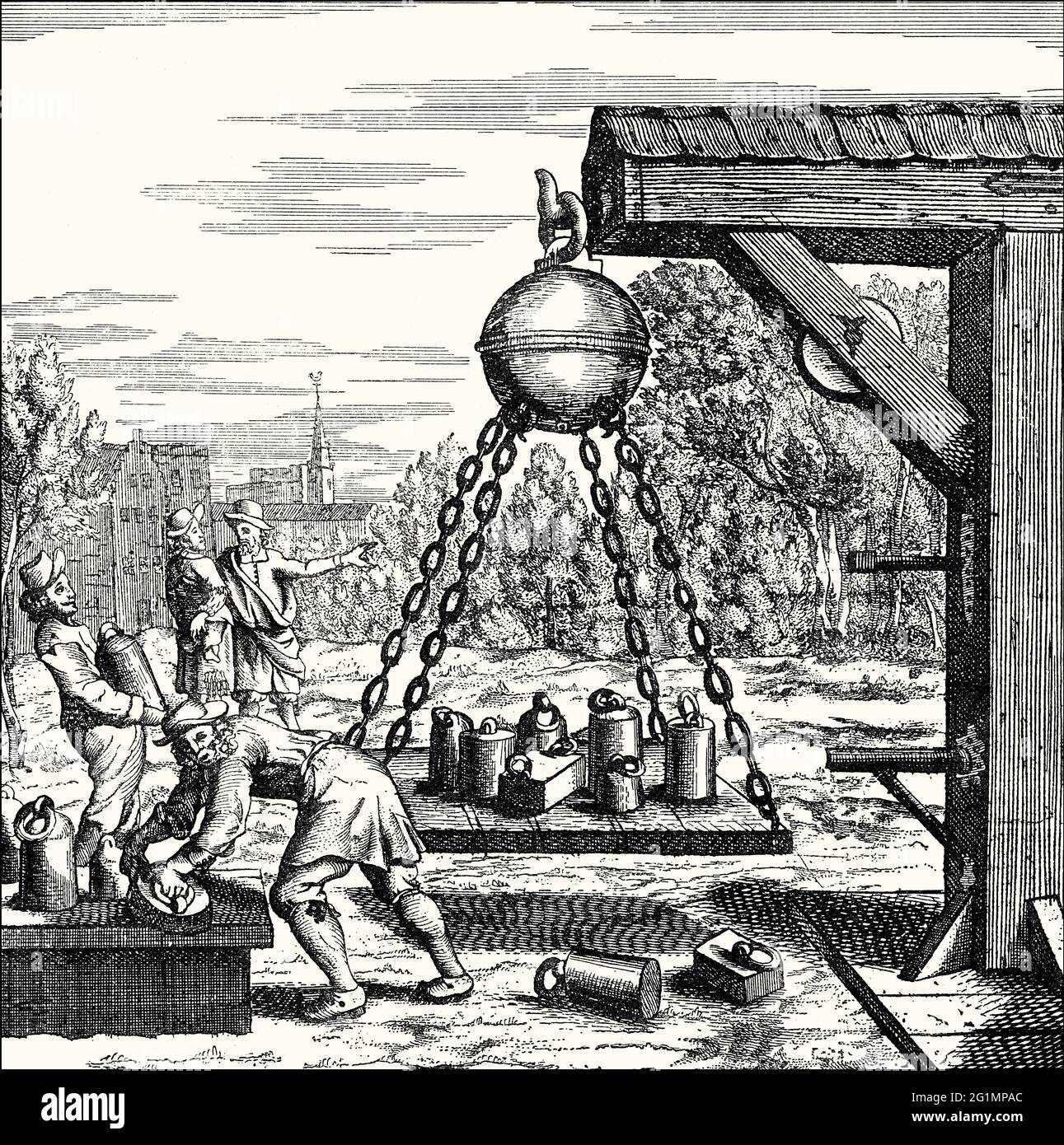 Die Magdeburger Hemisphäre, Vakuumexperiment von Otto von Guericke, 17. Jahrhundert Stockfoto