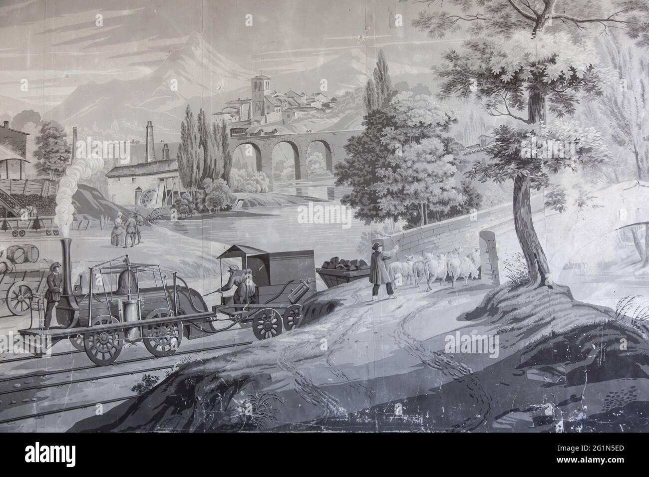 Frankreich, Indre et Loire, Loire-Tal, das von der UNESCO zum Weltkulturerbe erklärt wurde, Saint-Avertin, l'crivain Jules Romains y vcut de 1929 1972, panoramische Dekoration von 32 Streifen Grisaille-Tapete, die die Passage der Eisenbahn zwischen Lyon und Saint-Etienne darstellen. Dieses seltene Set aus der Fabrik Pignet in Saint-Genies-Laval, das um 1840 ausgeführt wurde, wurde per Dekret vom 26. Mai 2000 als bewegliche Objekte eingestuft. Stockfoto