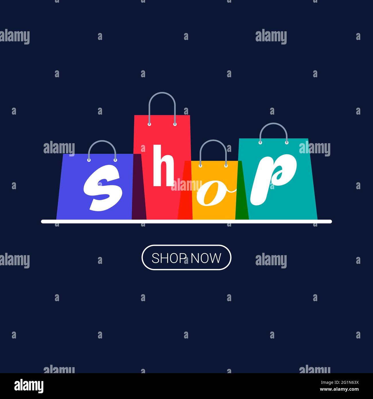 Einkaufstaschen mit Ladenbeschriftung. Logo für Online-Shopping. Schaltfläche „Jetzt kaufen“. Vektorgrafik auf dunklem Hintergrund. Stock Vektor