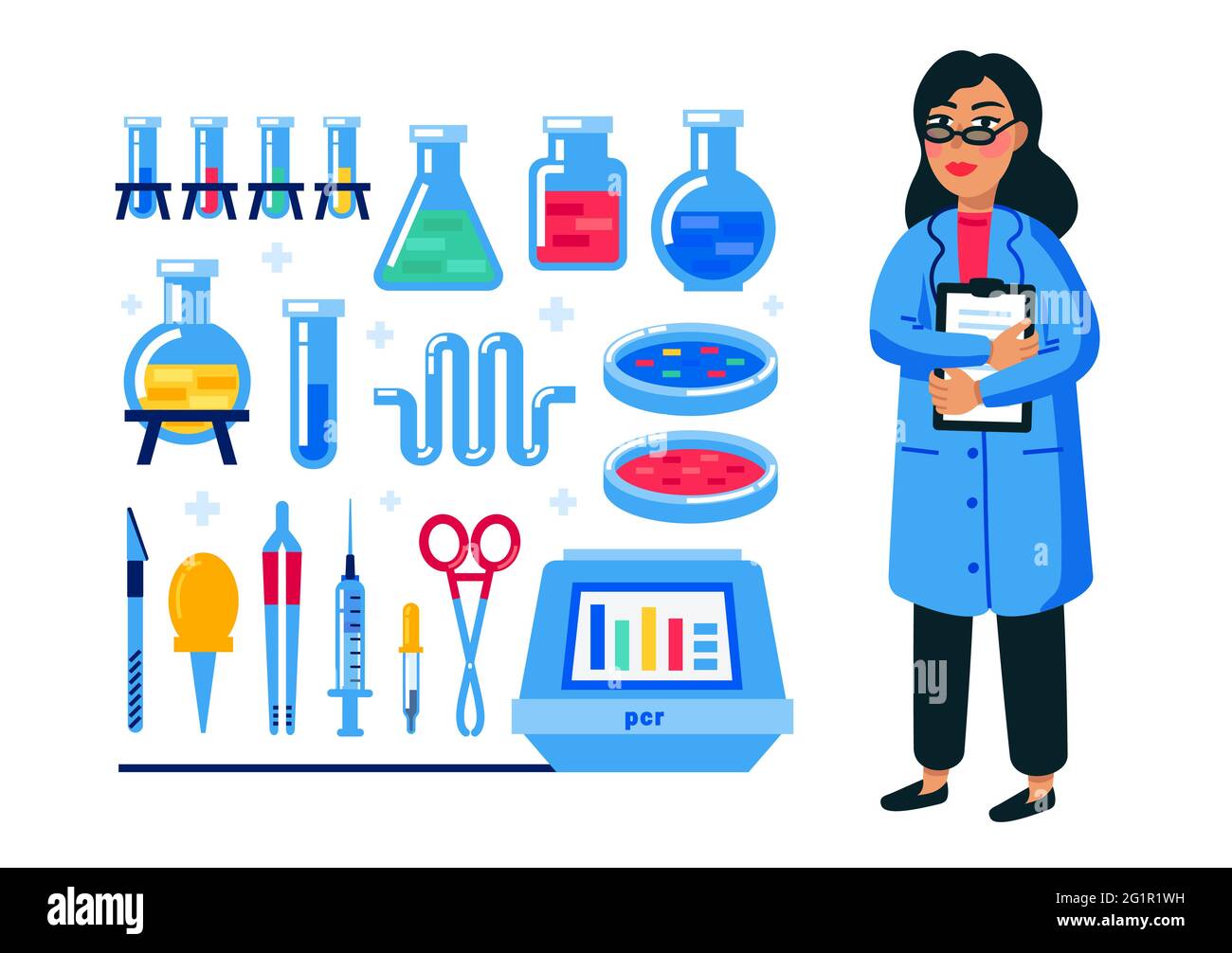 Set für weibliche Wissenschaftlerin und Laborgeräte. Frau in einem blauen medizinischen Kleid und Flasche, Fläschchen, Reagenzglas, Glasretorts usw. Human Genome Sequencing Pro Stock Vektor