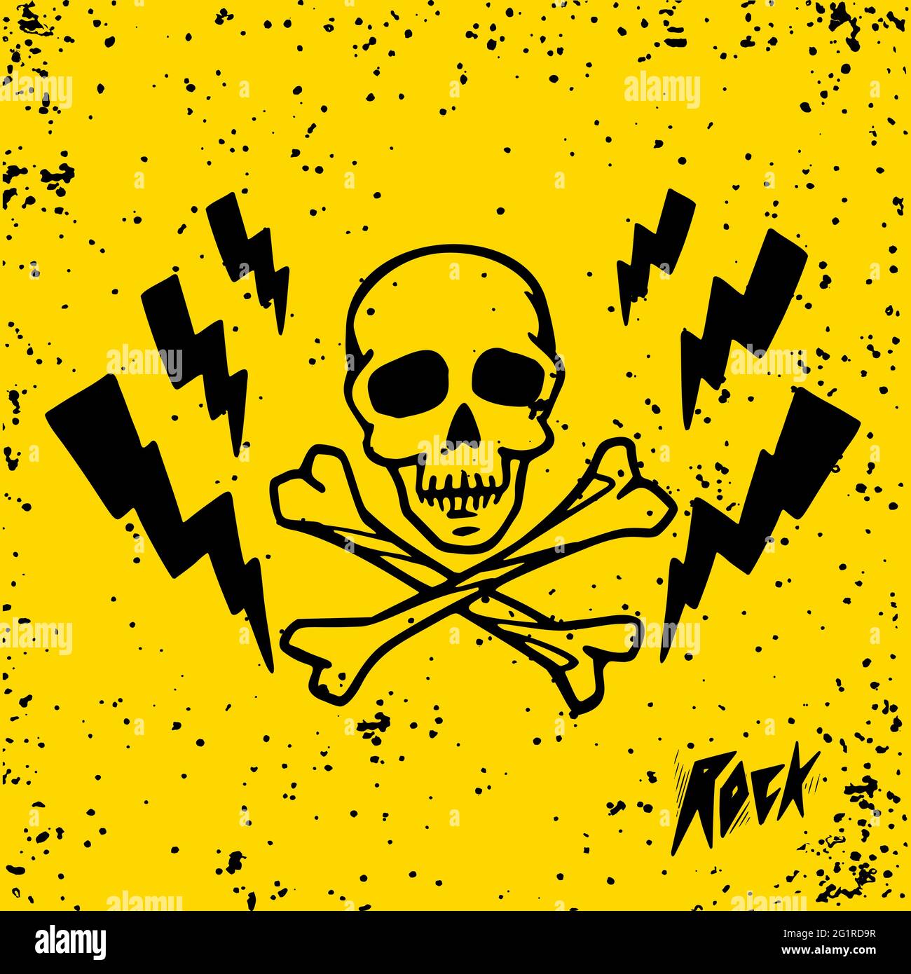 Punk Rock Musik. Schädel und Blitze auf gelbem Hintergrund. vektor-Illustration Stock Vektor